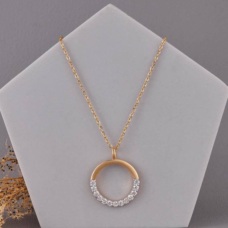 Half diamond half gold circle pendant necklace in 14K gold, 19mm