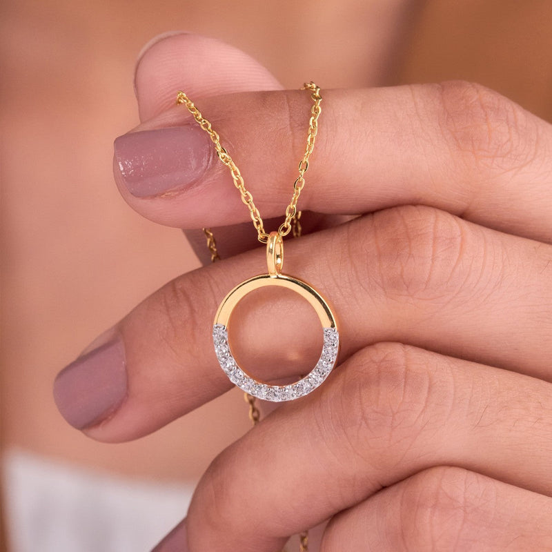 Half diamond half gold circle pendant, 15.5mm, in 14K gold
