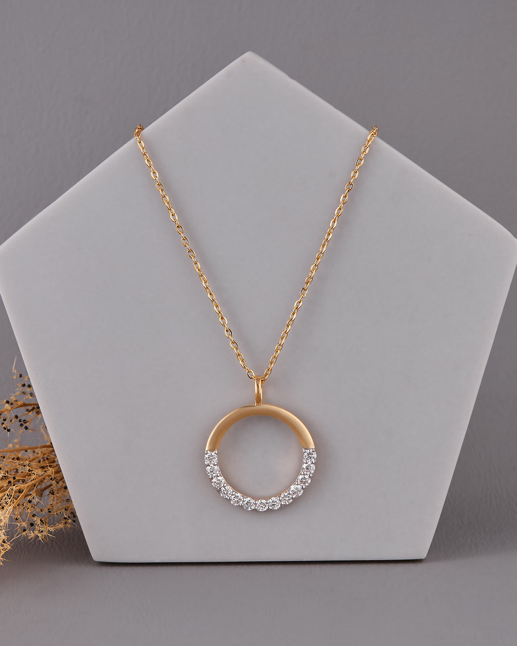 Half Diamond Half Gold Circle Pendant -19mm