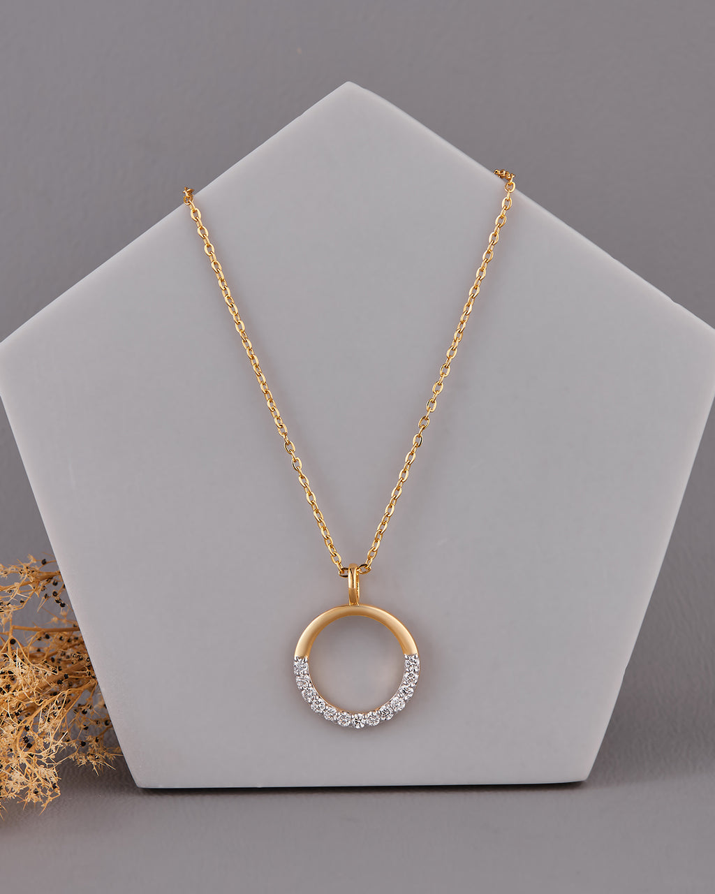Half Diamond Half Gold Circle Pendant -15.5 mm
