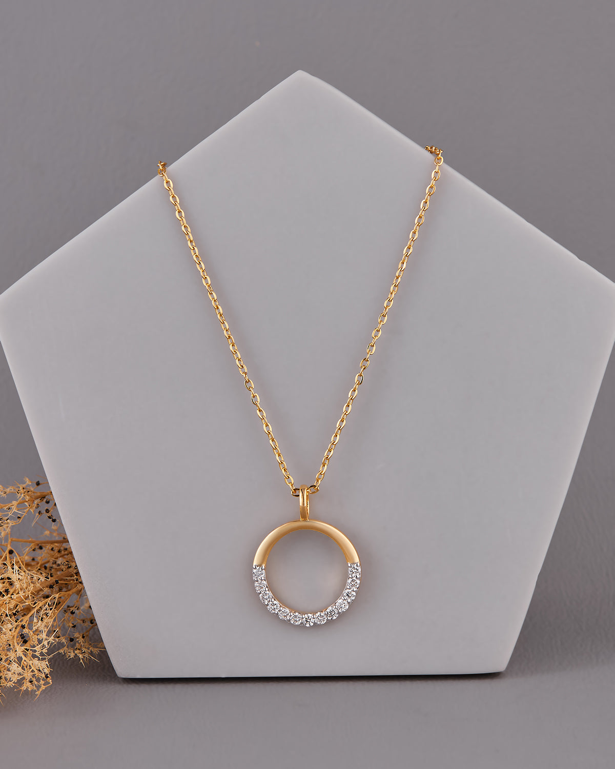 Half Diamond Half Gold Circle Pendant -15.5 mm