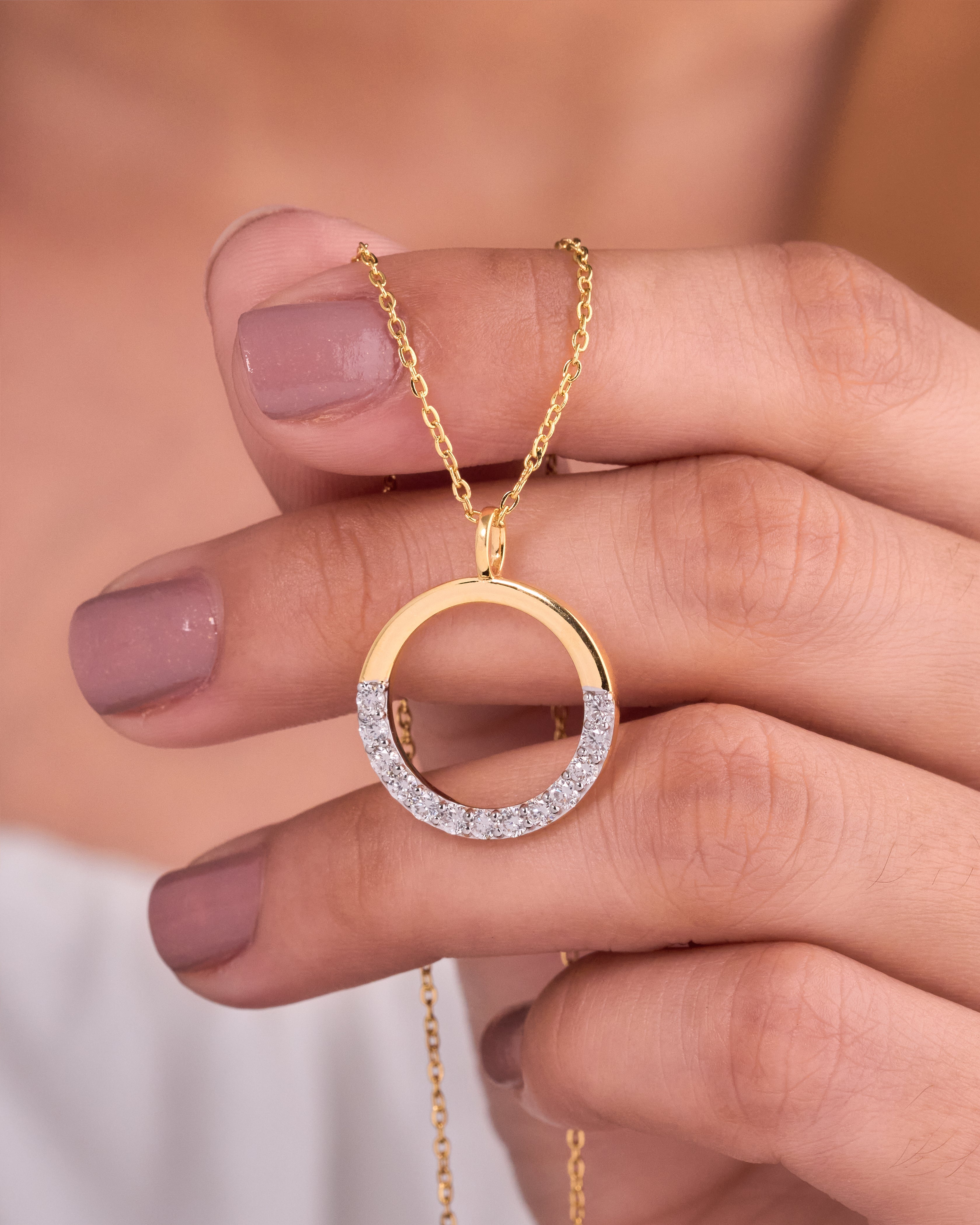 Half Diamond Half Gold Circle Pendant -19mm